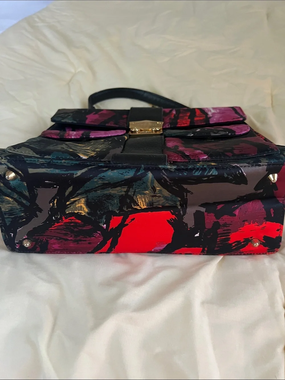 Trina Turk Multicolor Brushstroke Top-Handle Satchel in Pink, Red, Black